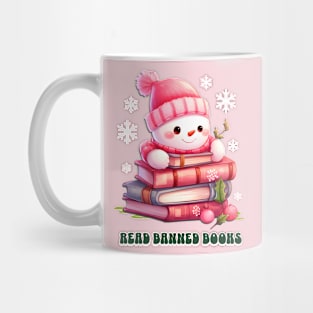 Read Banned Books LGBTQ Pride Christmas Pink Chibi Snowman Mug